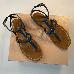 PRADA - Saffiano Leather T-Strap Gladiator Sandals  - Blue Silver